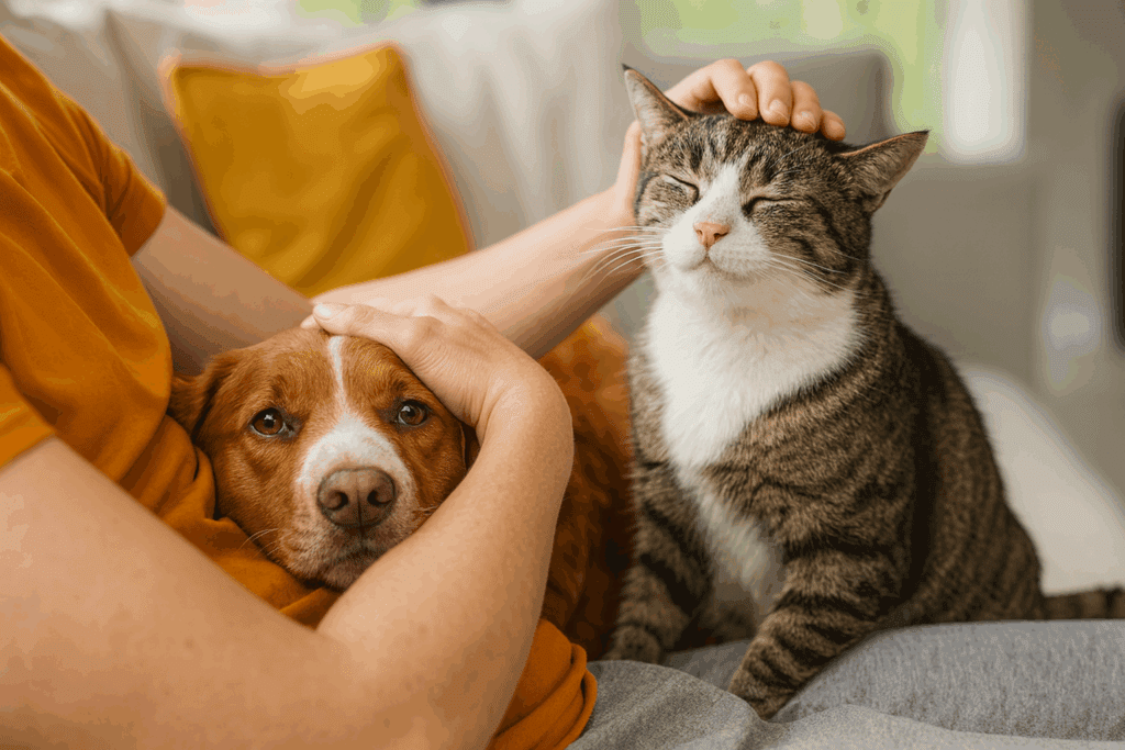 Person patting a dog and cat on the couch during in-home pet sitting in Brisbane
