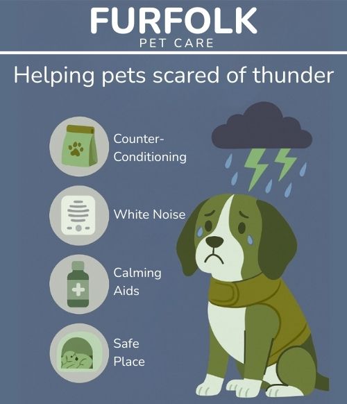 Infographic showing ways to help pets cope with fear of thunder, including comfort, calming spaces and routine