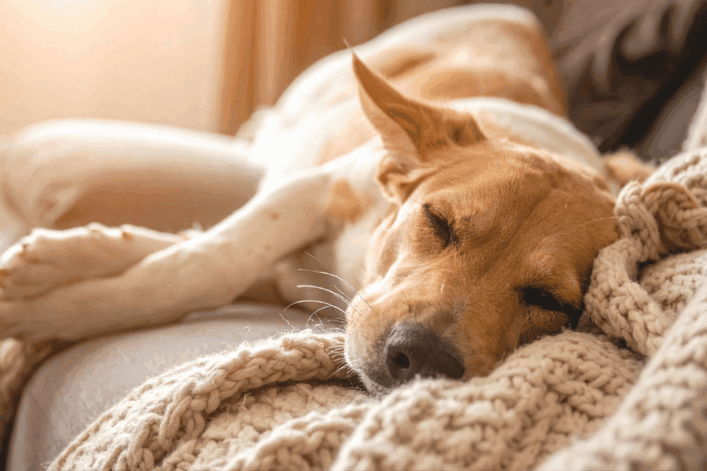 Dog sleeping comfortably on a cosy blanket at home, relaxed in familiar surroundings.