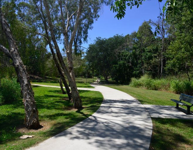 Leafy walking path in Ferny Hills park, representing the quiet local area where Furfolk provides in-home pet sitting and dog walks.