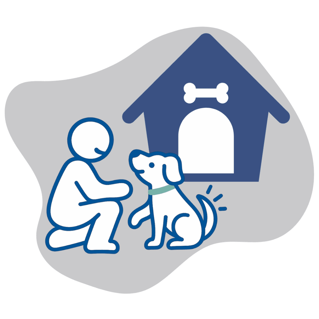 Illustration of a person kneeling to greet a happy dog in front of a dog house, representing in-home pet sitting.
