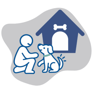 Illustration of a person kneeling to greet a happy dog in front of a dog house, representing in-home pet sitting.