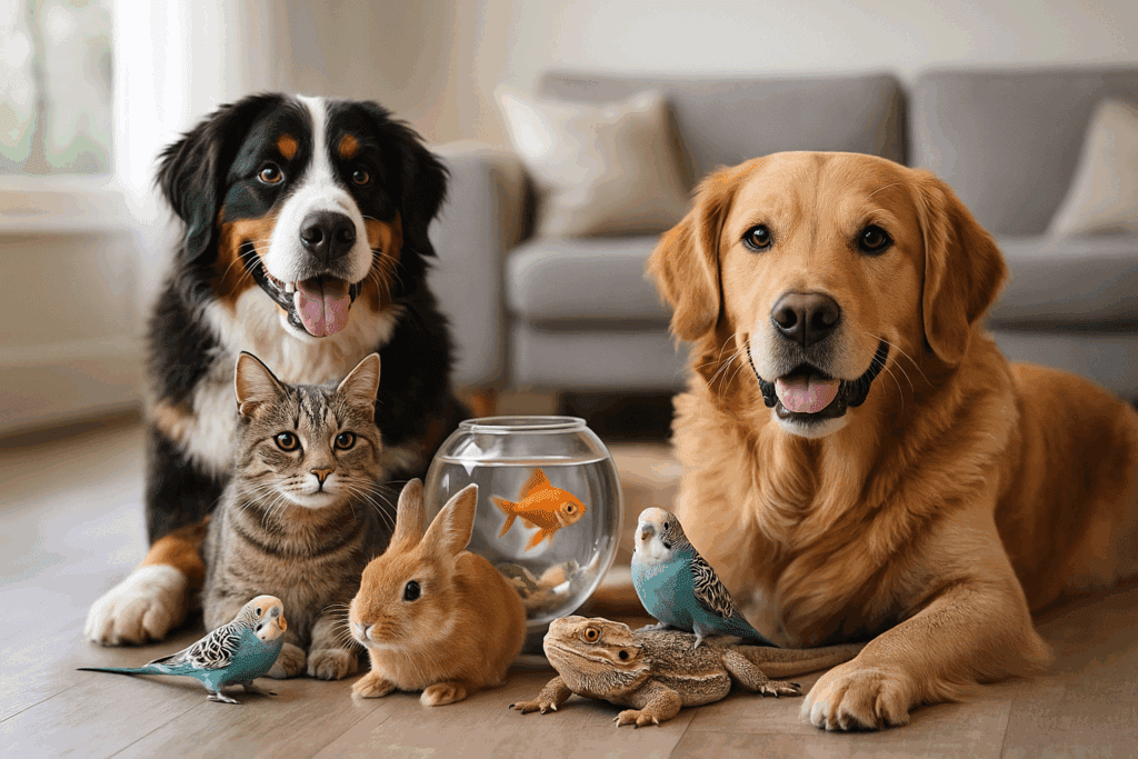 Two dogs, a cat, rabbits, birds and a fish in a bowl sitting together in a living room, showing in-home pet sitting for many types of pets.